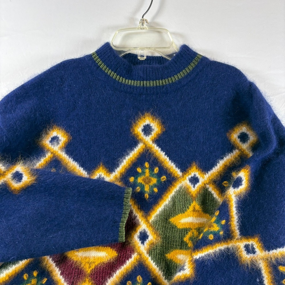 Rafaella Vintage Angora Lambswool Blend Geometric Intarsia Sweater Blue Large